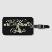 Zwart Bagagelabel met zwarte botanische bladeren (Voorkant (horizontaal))