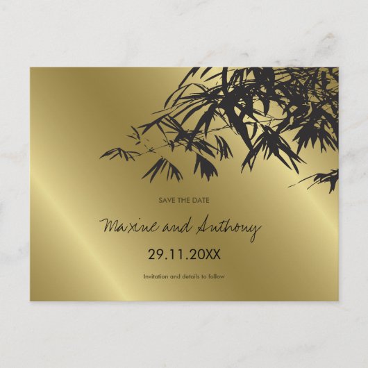 Zwart bamboe lekt op Gold Asian Save the Date Aankondigingskaart (Voorkant)