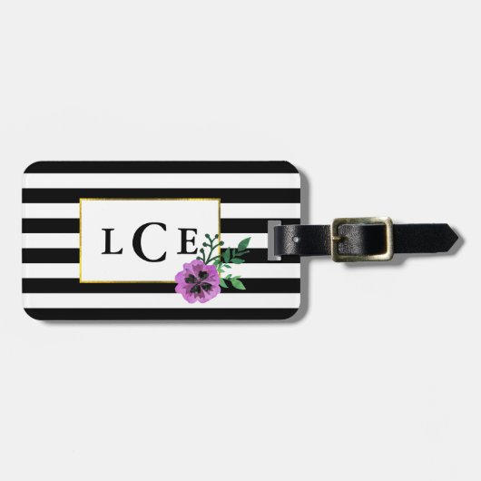 Zwart bandstaal en Paars monogram Bagagelabel Pans (Voorkant horizontaal)