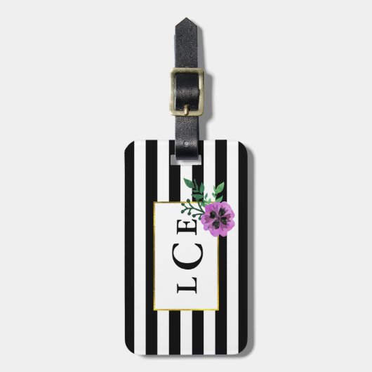 Zwart bandstaal en Paars monogram Bagagelabel Pans (Voorkant verticaal)