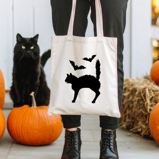 Zwart bang kat silhouet met vleermuizen halloween tote bag