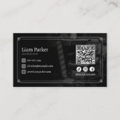 Zwart Barbershop Stoel Social media QR Code Visitekaartje (Voorkant)