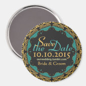 Zwart Barok Goud blauwgroen Kant Save the Date Mag Magneet (Voorkant / Achterkant)