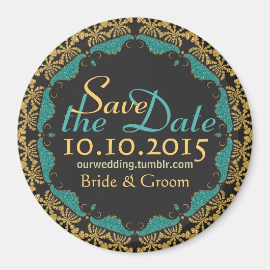 Zwart Barok Goud blauwgroen Kant Save the Date Mag Magneet (Voorkant)
