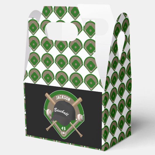 Zwart Baseball Diamond Speler Naam en Nummer Bedankdoosjes (Geopend)