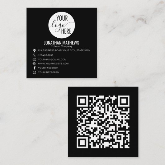 Zwart Basic Professioneel Bedrijfslogo QR-code Vierkante Visitekaartje (Voorkant / Achterkant)