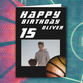 Zwart basketbal bal jongen foto gelukkig verjaarda kaart