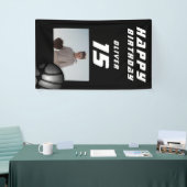Zwart basketbal bal jongen foto gelukkig verjaarda spandoek (Beurs)