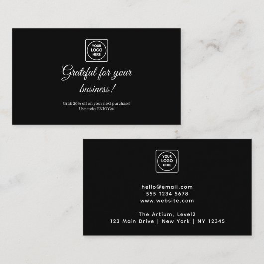 Zwart bedankkaartje | Modern aangepast Visitekaart Kortingskaartje (Voorkant / Achterkant)