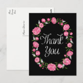 Zwart Bedankt Roze Pioenenbloemenkrans Briefkaart (Voorkant / Achterkant)