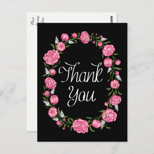 Zwart Bedankt Roze Pioenenbloemenkrans Briefkaart (Voorkant / Achterkant)