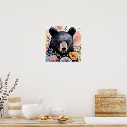 Zwart Beer Bloemen Waterverf Portret Poster (Keuken)