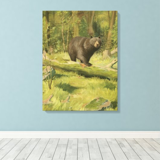 Zwart Beer dat op een boomstam steekt Canvas Afdruk (Insitu (Houten vloer))