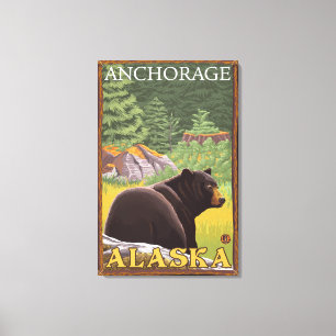Zwart Beer in de bosbouw - Anchorage, Alaska Canvas Afdruk