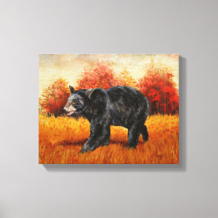Zwart Beer in Herfstbos Canvas Afdruk