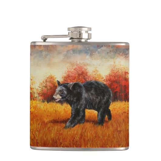 Zwart Beer in Herfstbos Heupfles (Voorkant)
