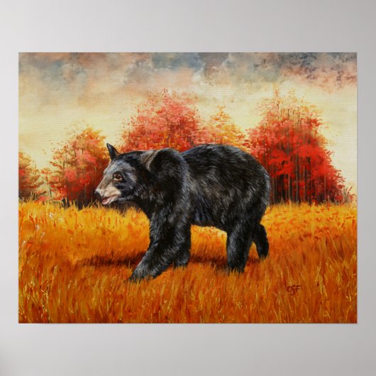 Zwart Beer in Herfstbos Poster (Voorkant)
