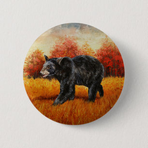Zwart Beer in Herfstbos Ronde Button 5,7 Cm