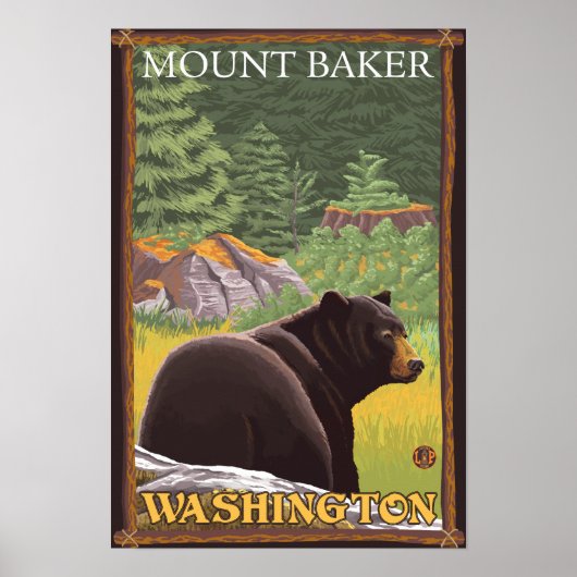 Zwart Beer in het bos - Mount Baker, Washington Poster (Voorkant)
