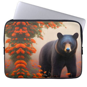 Zwart Beer in Oranje bloemen Laptop Sleeve