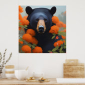 Zwart Beer in Oranje bloemen Poster (Keuken)