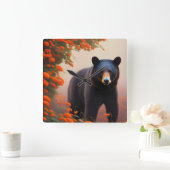 Zwart Beer in Oranje bloemen Vierkante Klok (Huis)