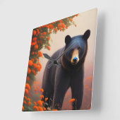 Zwart Beer in Oranje bloemen Vierkante Klok (Hoek)