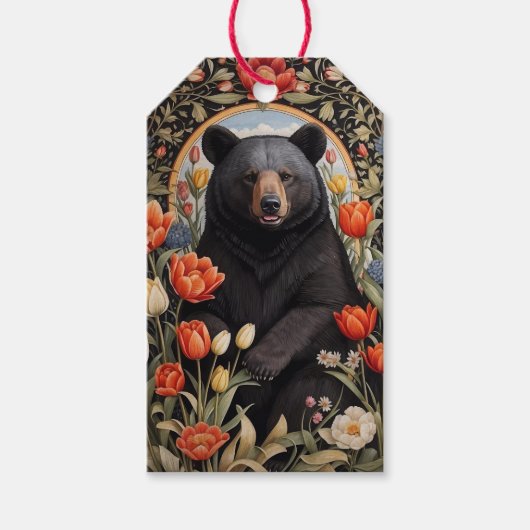 Zwart Beer Kleurrijke Tulpenbloemen Cadeaulabel (Voorkant)
