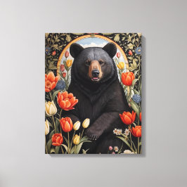 Zwart Beer Kleurrijke Tulpenbloemen Canvas Afdruk