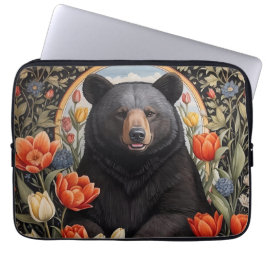 Zwart Beer Kleurrijke Tulpenbloemen Laptop Sleeve