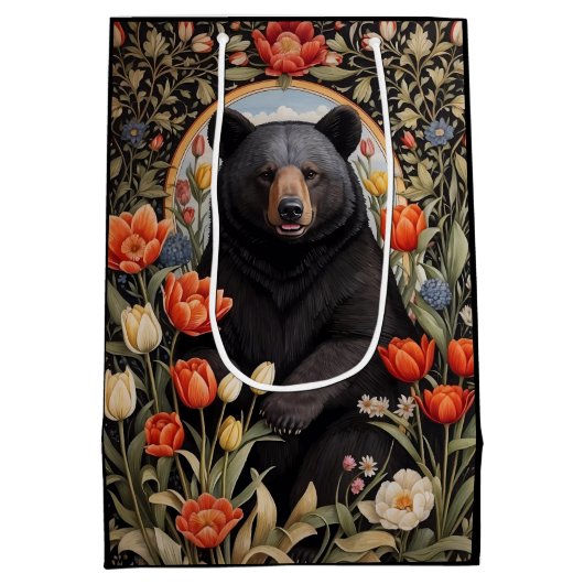 Zwart Beer Kleurrijke Tulpenbloemen Medium Cadeauzakje (Achterkant)