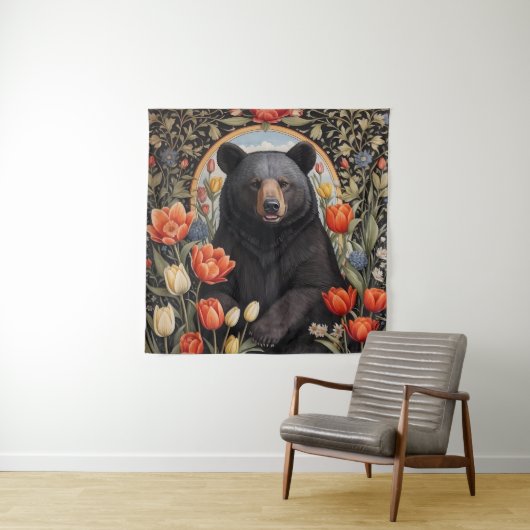Zwart Beer Kleurrijke Tulpenbloemen Wandkleed (In situ)