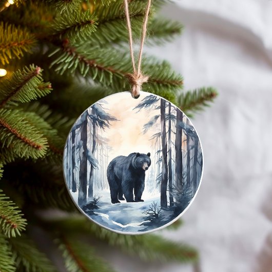 Zwart Beer op winterbosdieren Keramisch Ornament