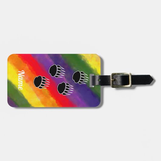 Zwart Beer Paw Rainbow Waterverf Aangepaste naam Bagagelabel (Voorkant horizontaal)