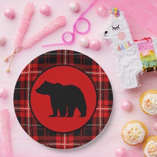 Zwart Beer Rood Zwart Plaid Papieren Bordje (Feest)