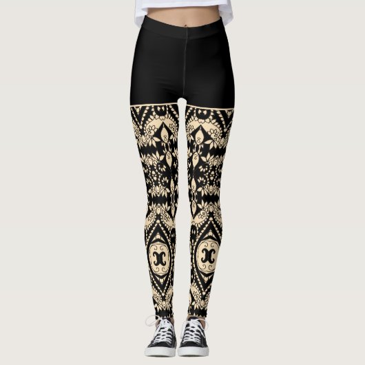 Zwart-beige geometrische patronen leggings (Voorkant)