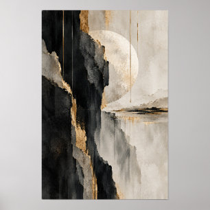 Zwart Beige Goud Horizon Abstracte Wandkunst Poster