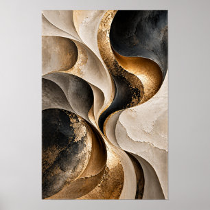 Zwart Beige Goud Stromende Krommen Abstracte Wandk Poster