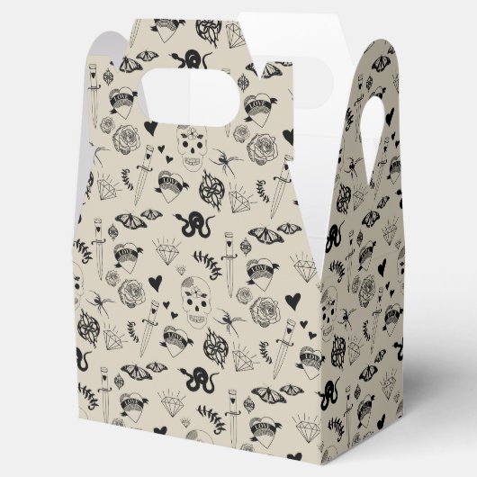 Zwart & beige Hand getrokken Tattoo Patroon Bedankdoosjes (Geopend)