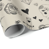 Zwart & beige Hand getrokken Tattoo Patroon Cadeaupapier (Rol Hoek)