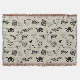 Zwart & beige Hand getrokken Tattoo Patroon Deken