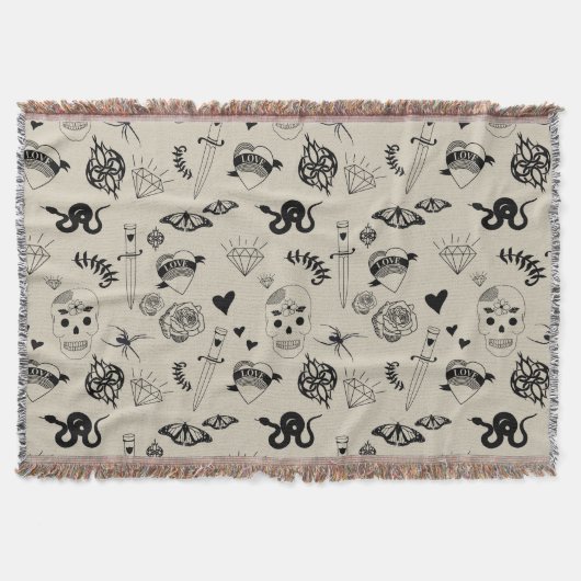 Zwart & beige Hand getrokken Tattoo Patroon Deken (Voorkant)
