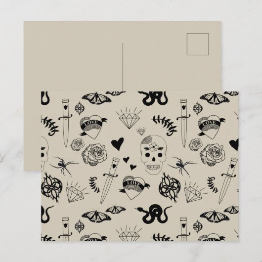 Zwart & beige Hand getrokken Tattoo Patroon Feestdagenkaart (Voorkant / Achterkant)