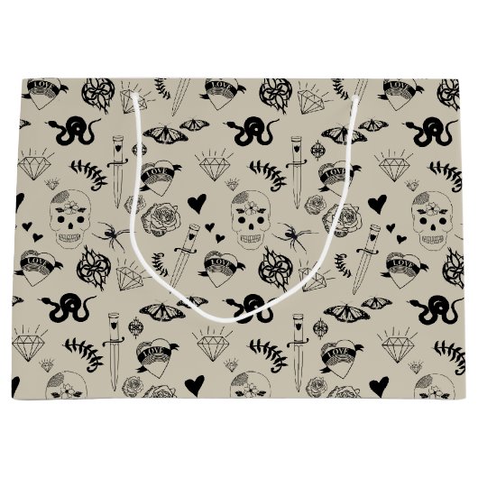 Zwart & beige Hand getrokken Tattoo Patroon Groot Cadeauzakje (Voorkant)