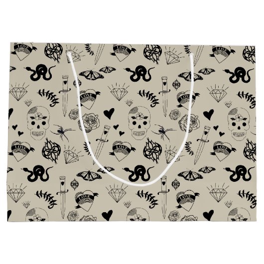 Zwart & beige Hand getrokken Tattoo Patroon Groot Cadeauzakje (Achterkant)