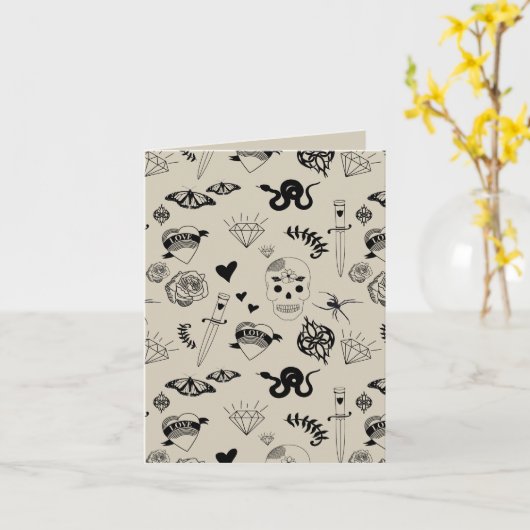 Zwart & beige Hand getrokken Tattoo Patroon Kaart (Gele Bloem)