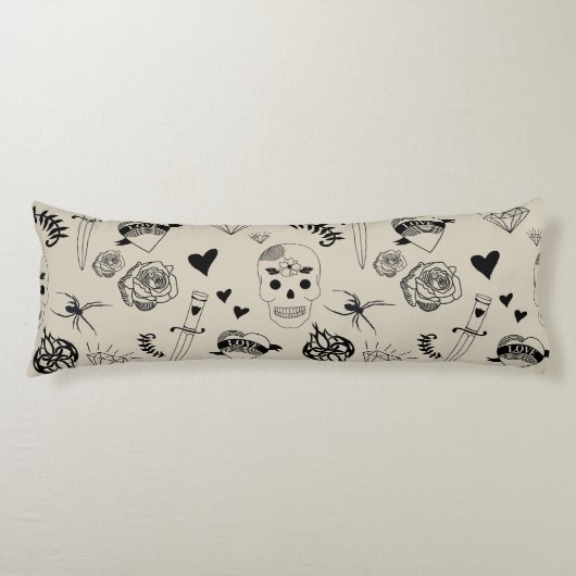 Zwart & beige Hand getrokken Tattoo Patroon Lichaamskussen (Voorkant)