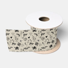 Zwart & beige Hand getrokken Tattoo Patroon Satijnen Lint