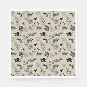 Zwart & beige Hand getrokken Tattoo Patroon Servet