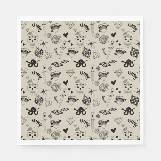 Zwart & beige Hand getrokken Tattoo Patroon Servet (Voorkant)